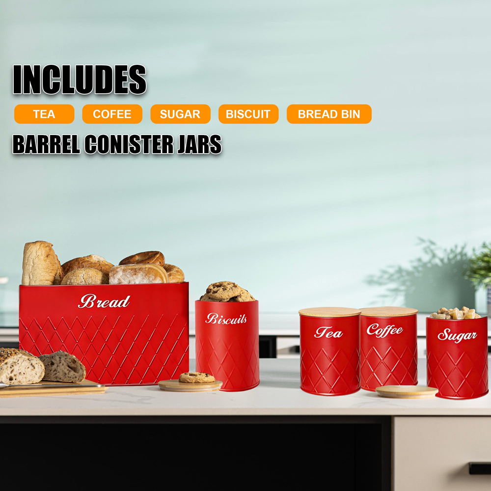 ATEK 5 Piece Red Kitchen Canister Set with Bamboo Lids Image 4