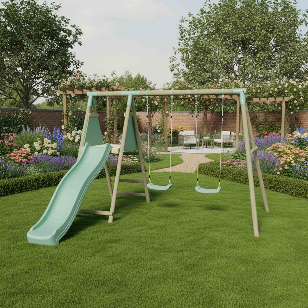 Mercia Wooden Round Pole Double Swing Set with Slide Image 2