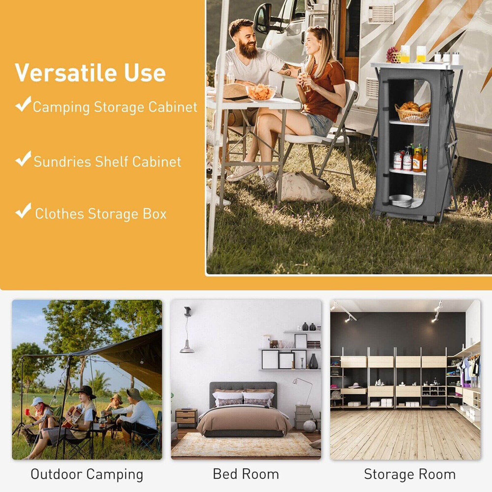 Costway 3 Shelf L Size Grey Foldable Camping Storage Cabinet with Carry Bag Image 5