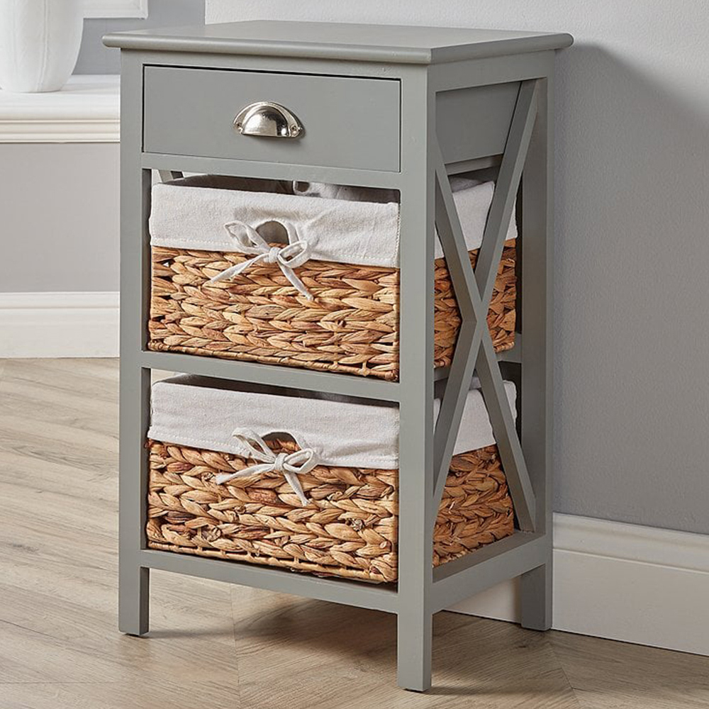 Home Source Dartmouth Single Drawer 2 Wicker Basket Grey Bedside Table Image 1
