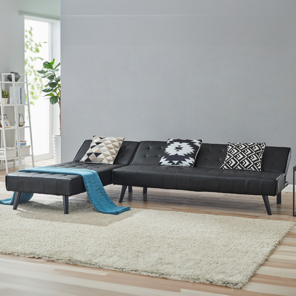 Home Detail Dawson 3 Seater Black Faux Leather Sofa Bed with Chaise Image 1