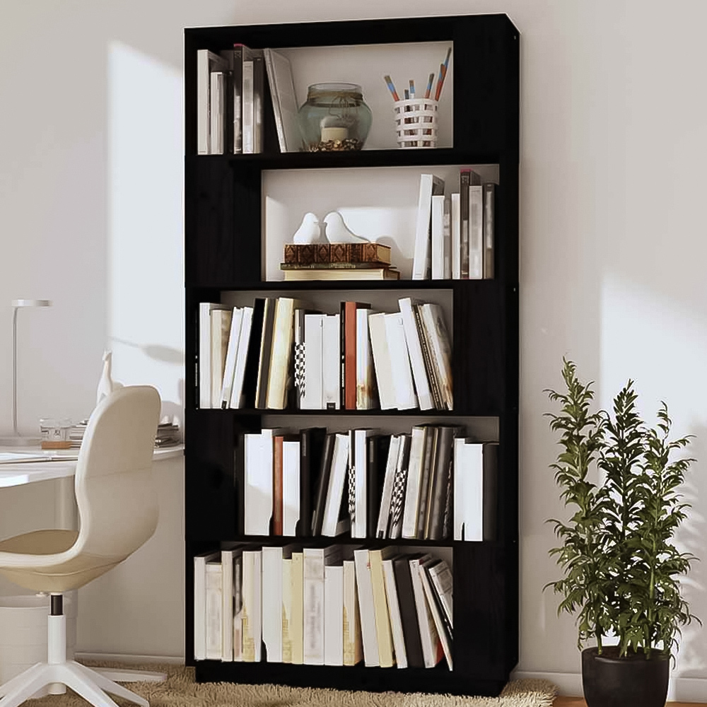 vidaXL 5 Shelf Black Solid Pine Wood Bookcase Image 1