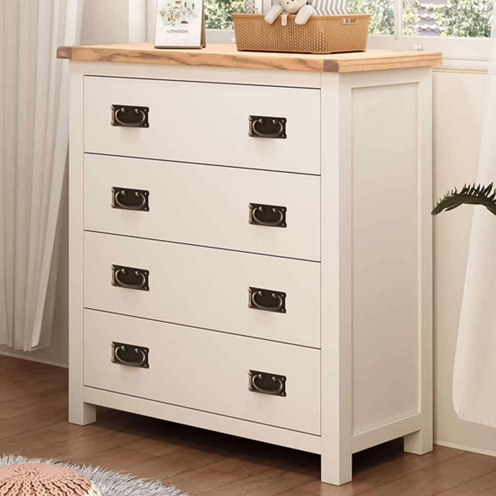 Lovere 4 Drawer Off White Chest of Drawers with Brass Drop Handles Image 1