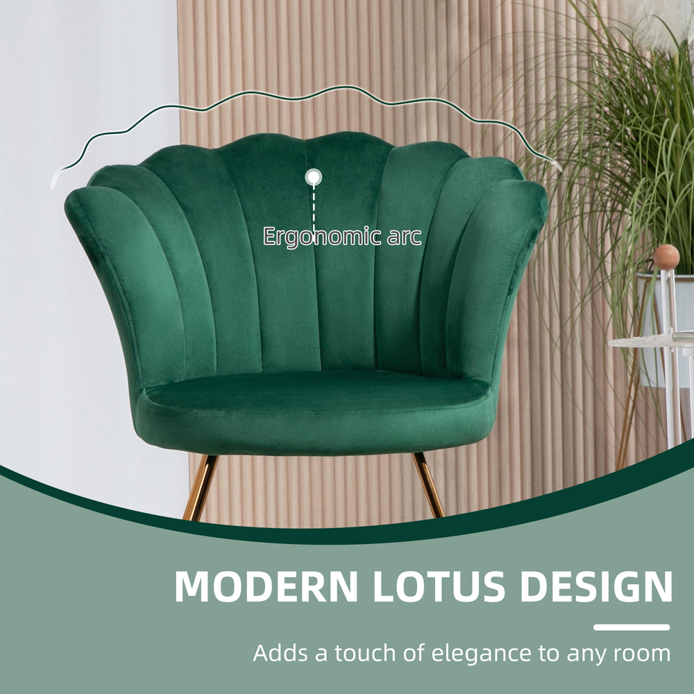 HOMCOM Green Velvet Tufted Accent Chair with Lotus Backrest Image 7