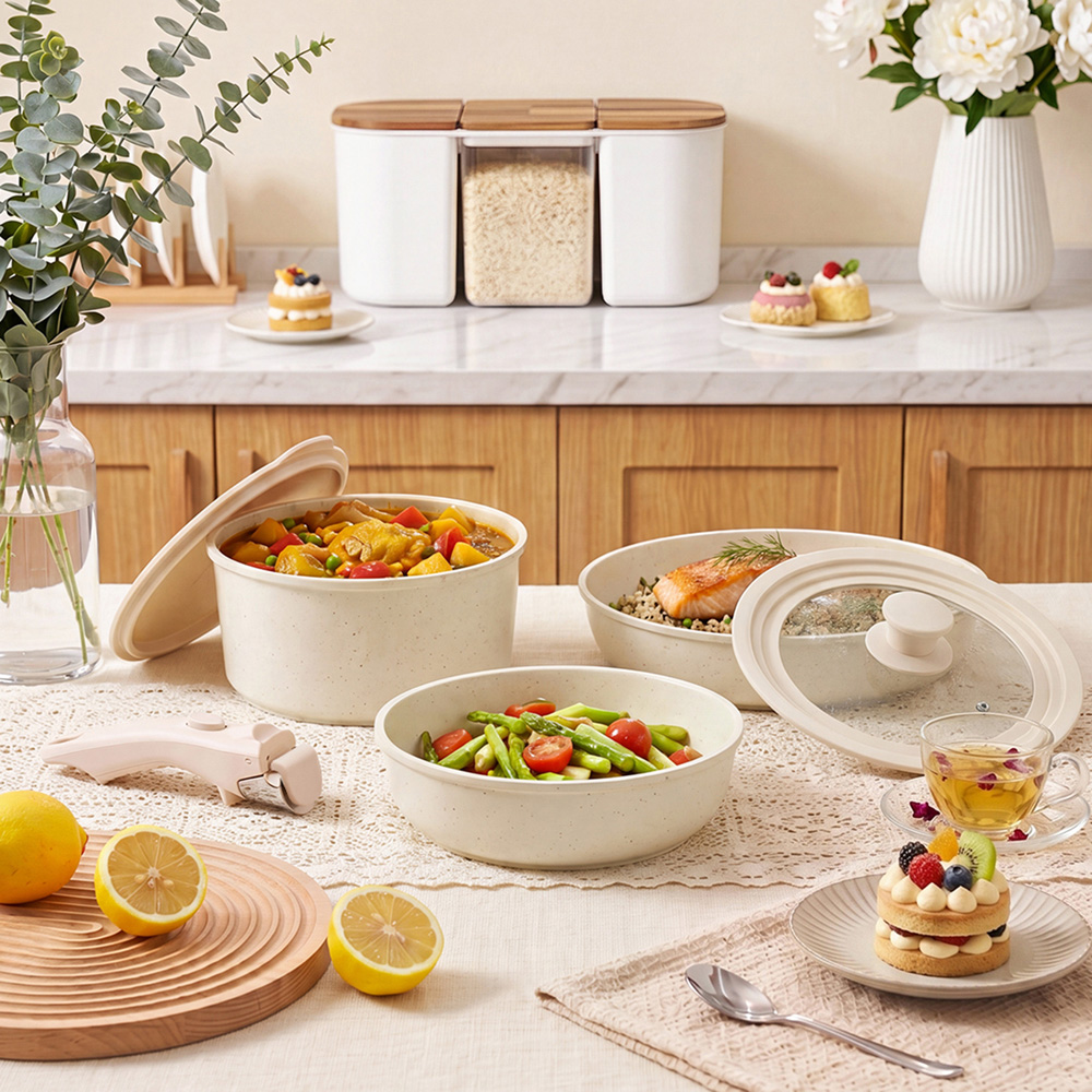 Living and Home 8 Piece Cream White Non Stick Cookware Set Image 2