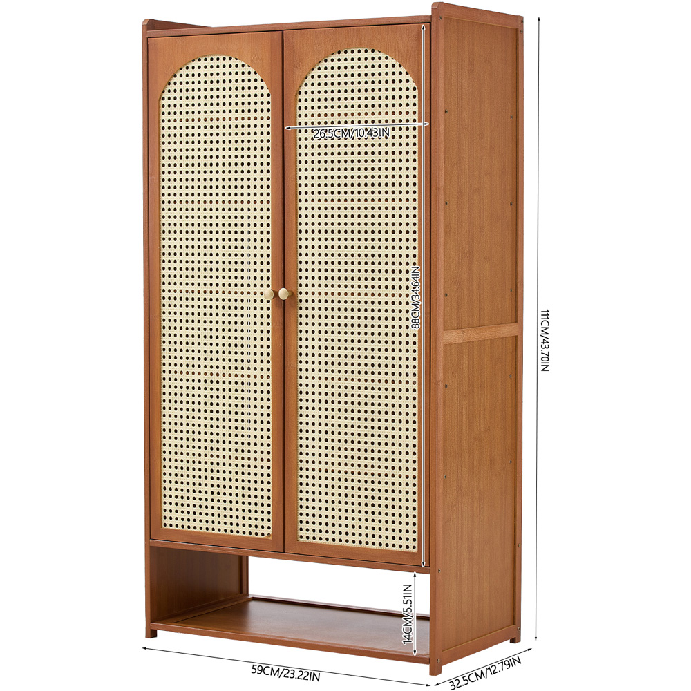 Living and Home 2 Door Single Open Shelf Brown Rattan Tall Shoe Cabinet Image 9