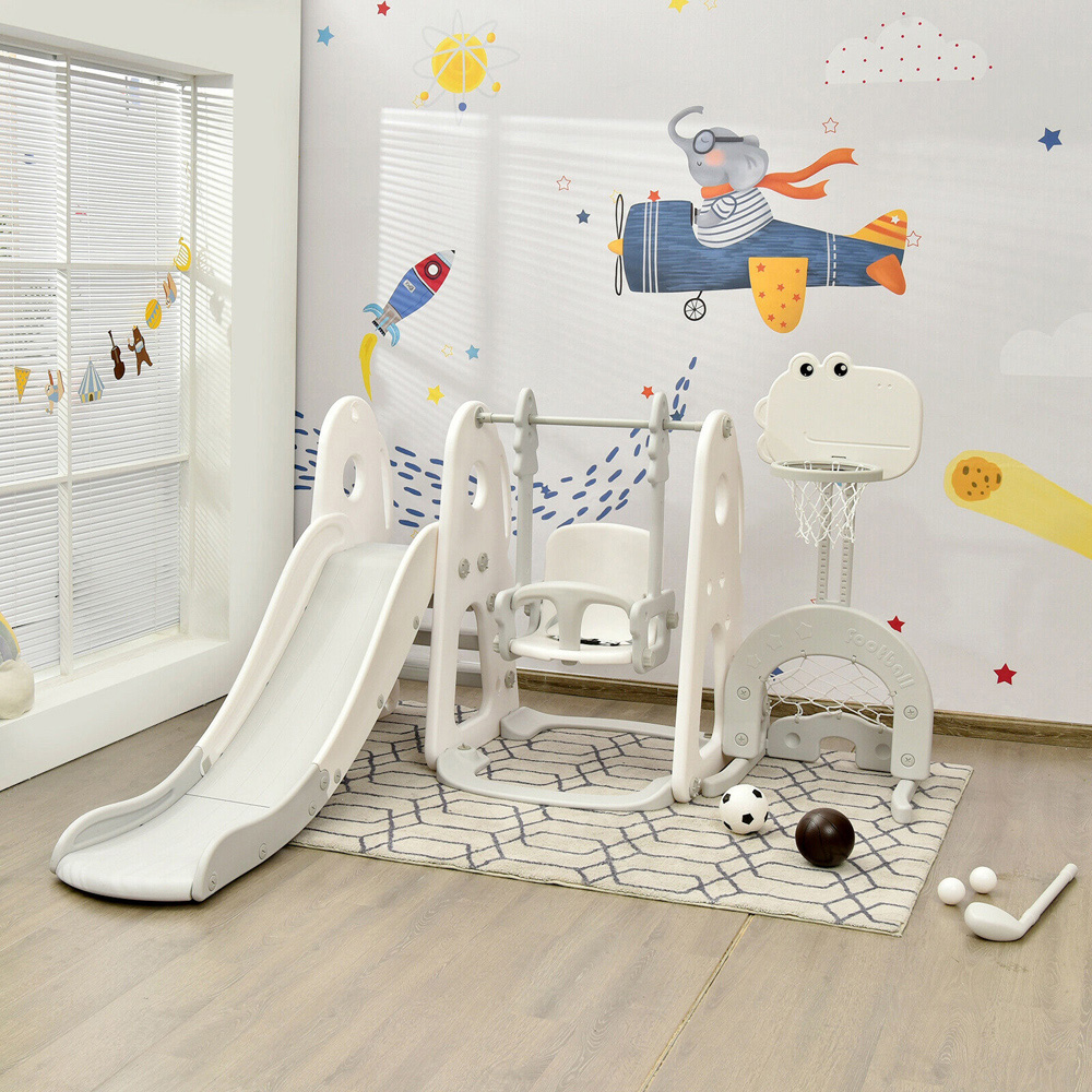 Costway Grey 6 in 1 Toddler Slide and Swing Set with Basketball Hoop Image 2