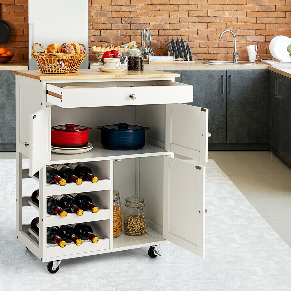 Costway White 3 Door Single Drawer and 3 Wine Racks Rolling Kitchen Cart Image 6