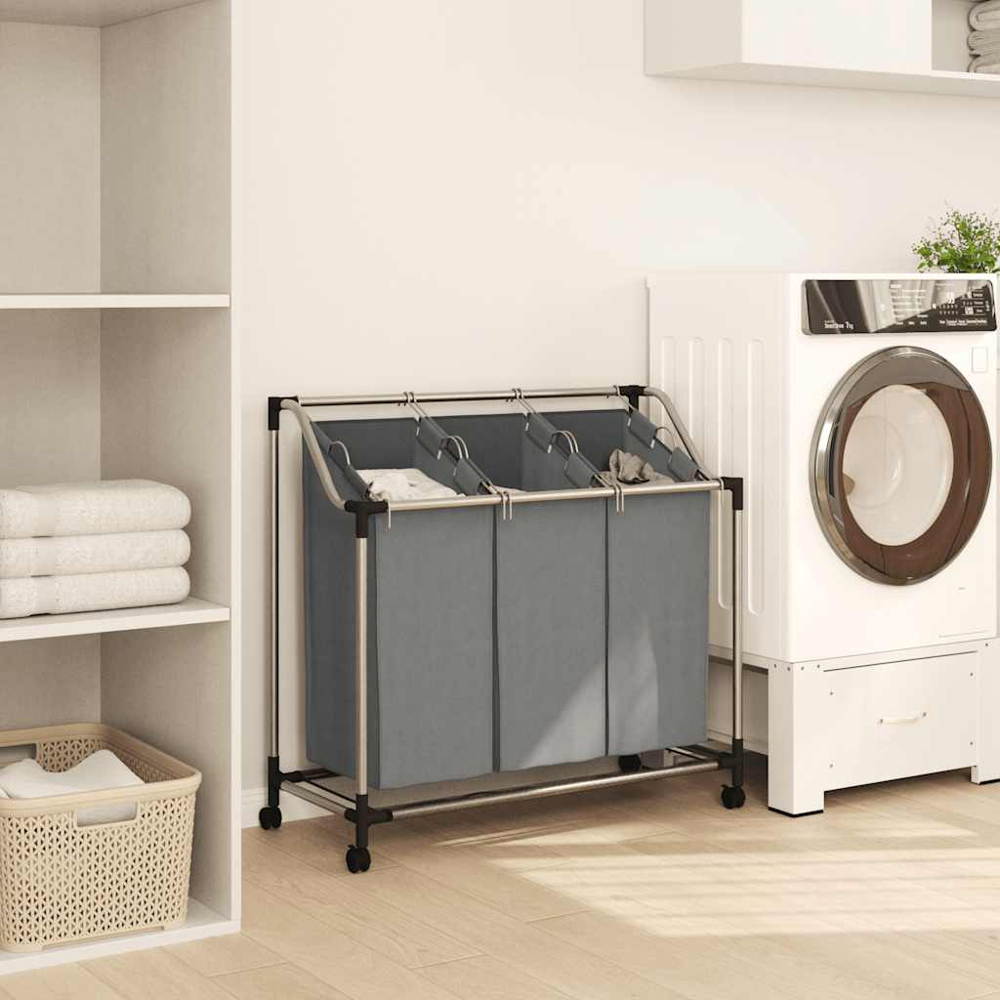 vidaXL 3 Compartment Grey Laundry Basket with Wheels 96 x 40 x 92cm Image 2