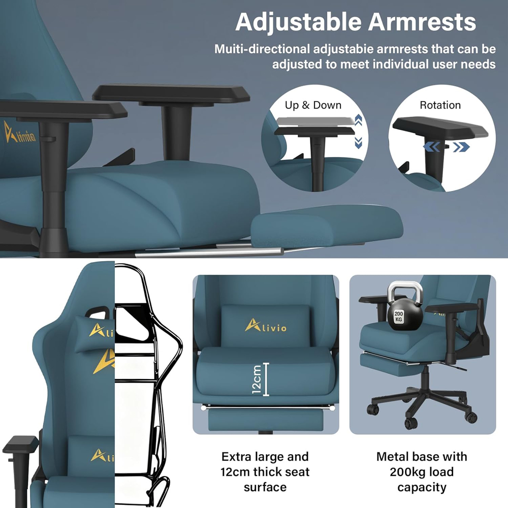Alivio Blue Velvet Reclining Gaming Chair with Lumbar and Headrest Support Image 7