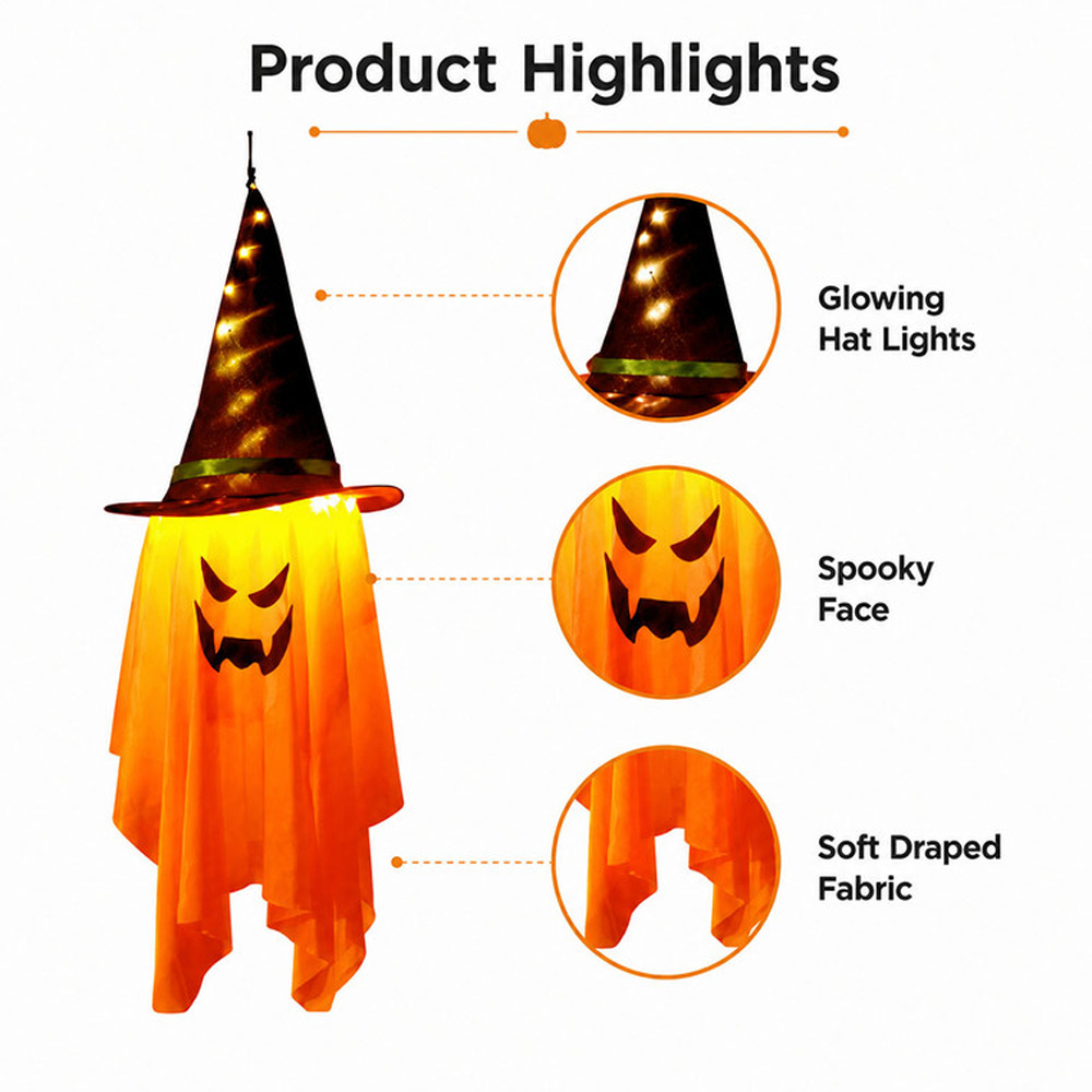 Lovii Warm White LED Orange Witch Hat Hanging Ghost Light Up Halloween Decoration Image 3
