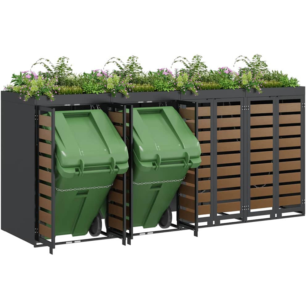 vidaXL Anthracite 4 Wheelie Bin Storage Shed with HDPE Door and Planter Roof Image 3