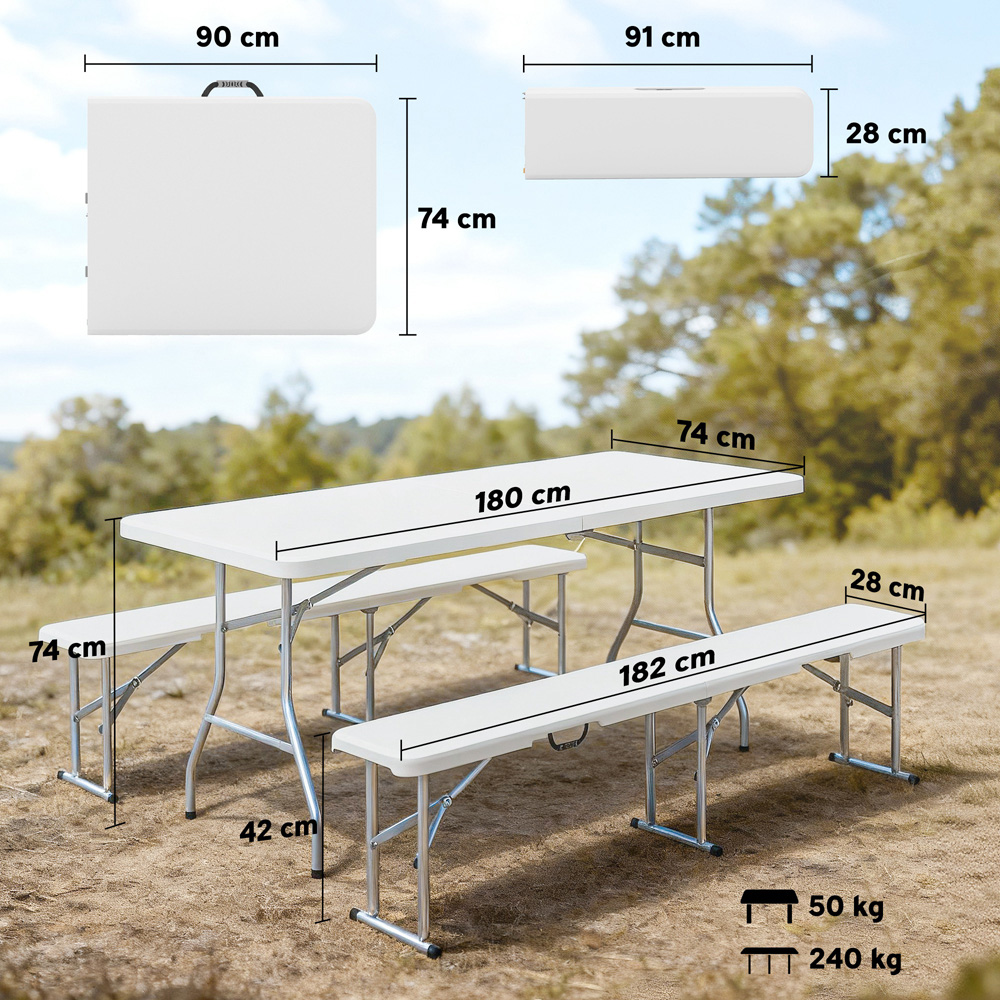 Outsunny 6 Seater White Foldable Picnic Table and Bench Set with Handles Image 9