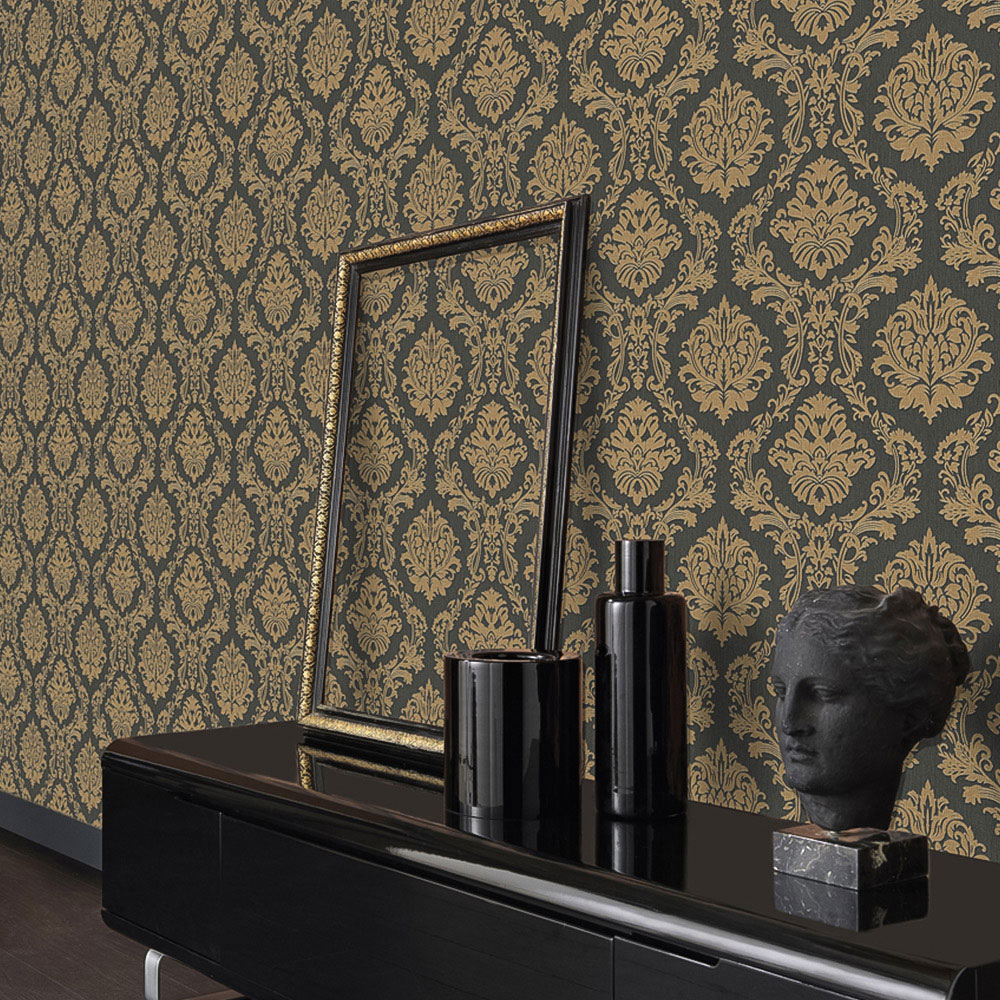 Erismann Decadent Damask Textured Black Vinyl Wallpaper Image 4