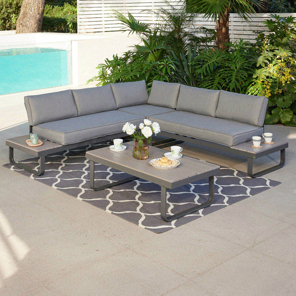 Home Detail Bali 5 Seater Grey Steel L Shape Garden Sofa Set with Built in Table Image 1