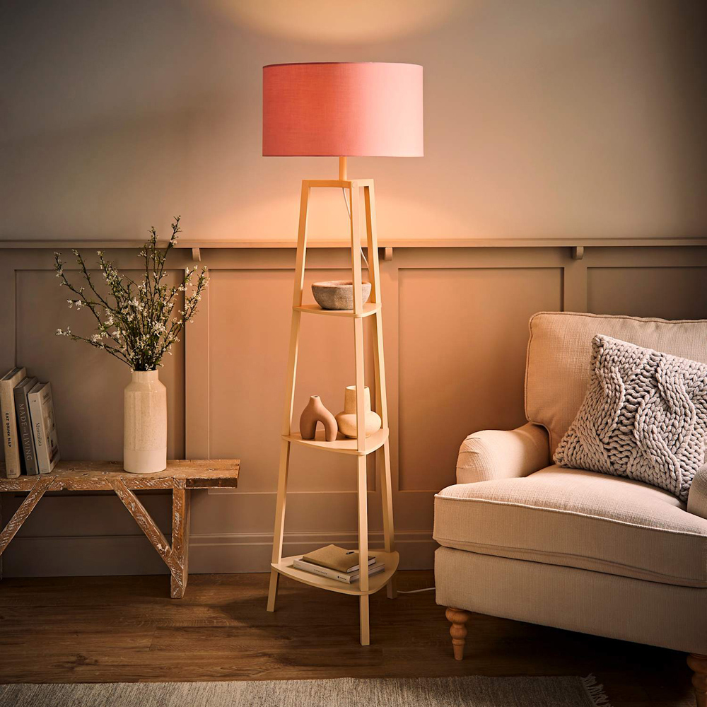ValueLights Hiru Blush Drum Shade Cream 3-Tier Shelf Floor Lamp with Bulb Image 2