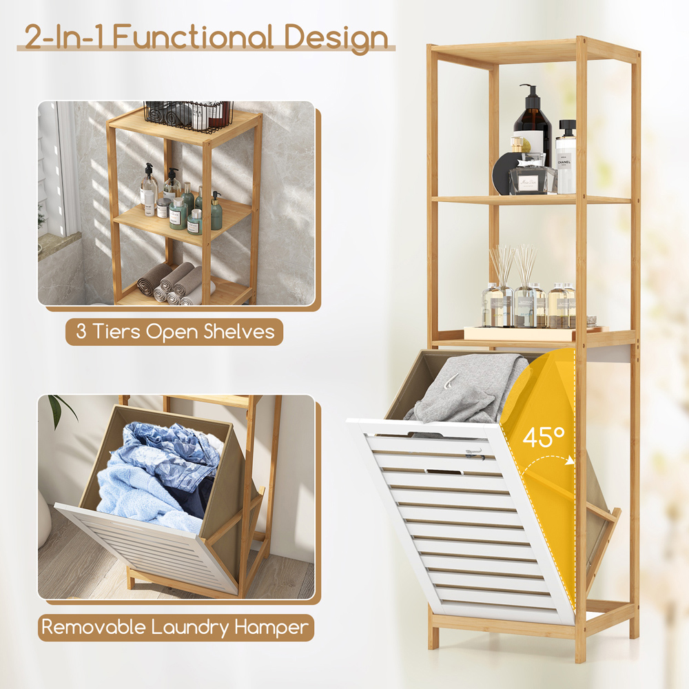 Costway 3 Shelf Natural Bamboo Tilt Out Laundry Hamper Image 7