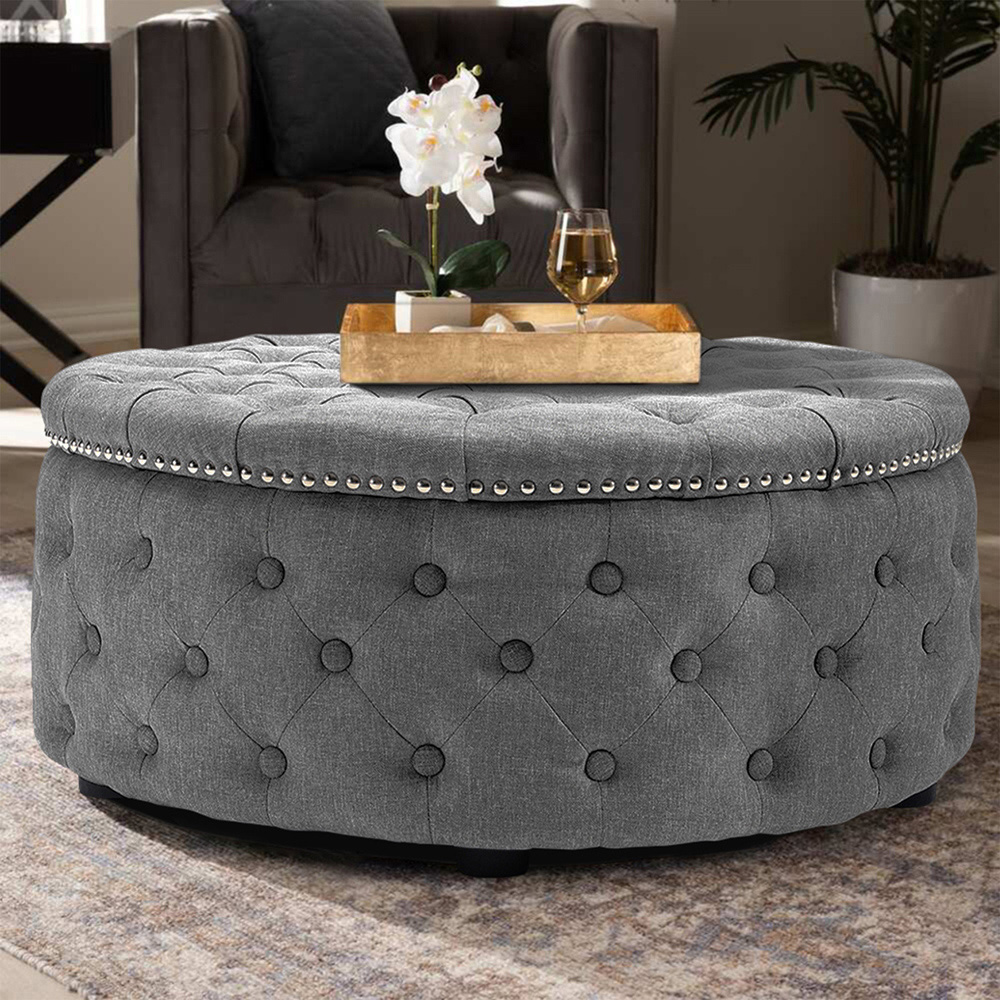 Living and Home Light Grey Linen Round Buttoned Ottoman with Studded Edge Image 3