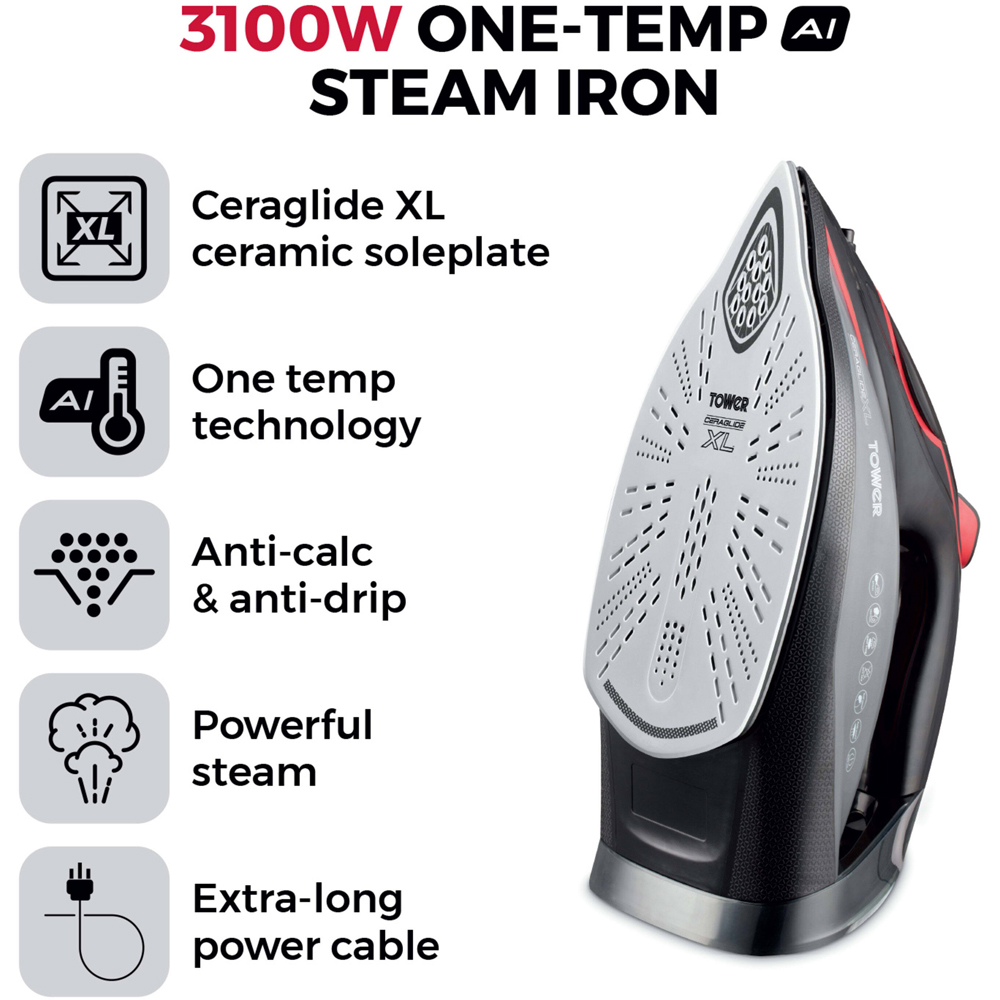 Tower Red and Black One Temp Steam Iron with Extra Large Sole Plate Image 3