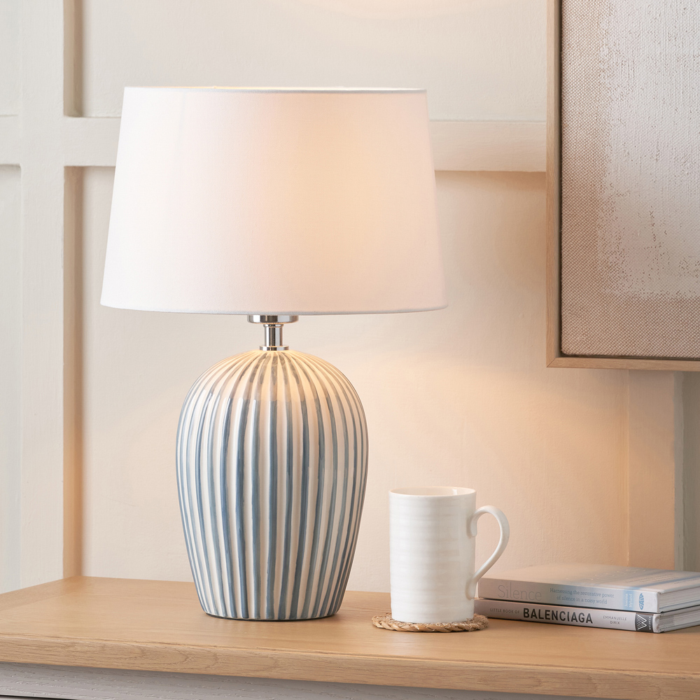 Pacific Lifestyle Cannes White Fabric Shade Blue and White Stripe Ceramic Table Lamp Image 2