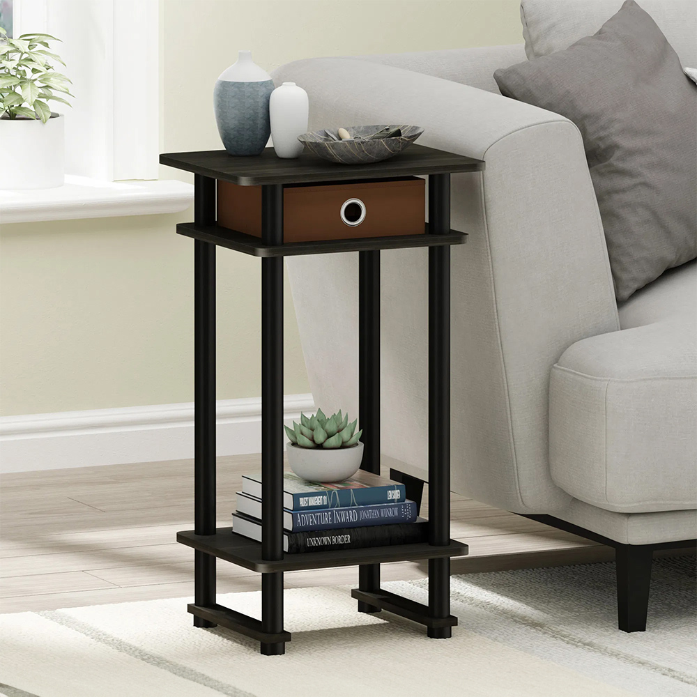 Walplus 2 Shelf Espresso Brown Turn-N-Tube Tall End Table with Bin Image 8