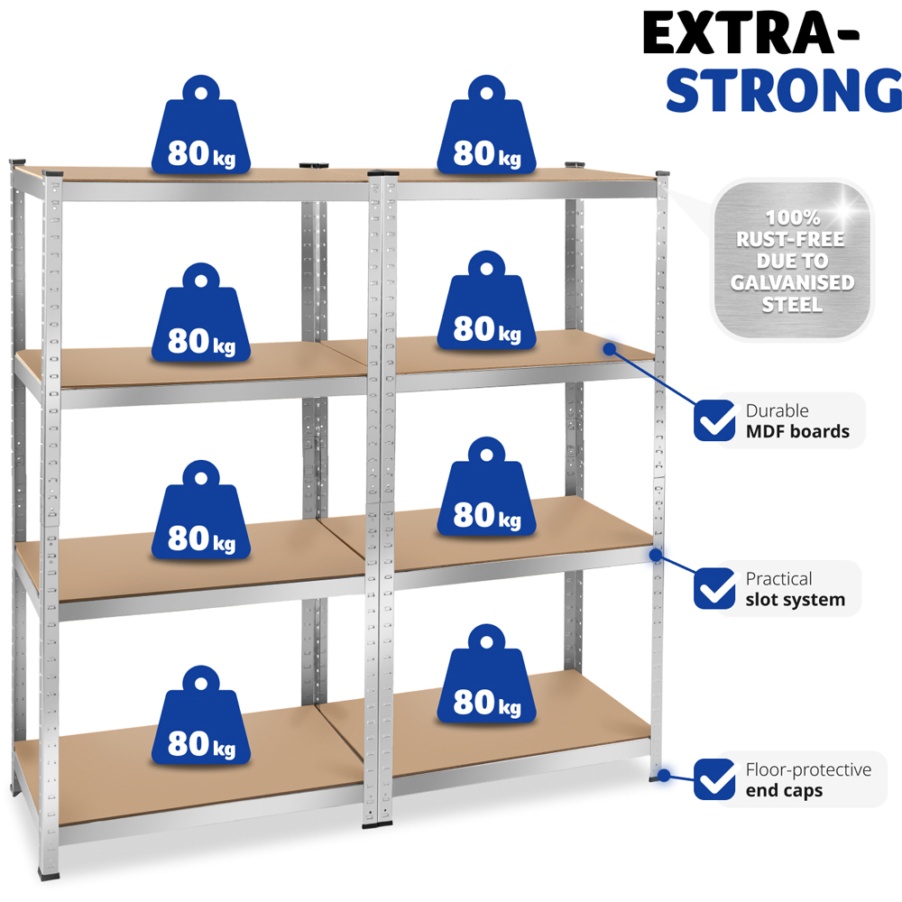 tectake 4 Shelf Silver Galvanised Steel Garage Shelving Unit Set of 2 160 x 40 x 160cm Image 4