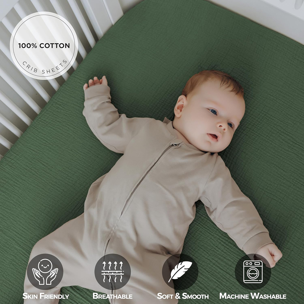 MHG Living Green Cotton Muslin Fitted Cot Bed Sheet 120 x 60cm 2 Pack Image 4