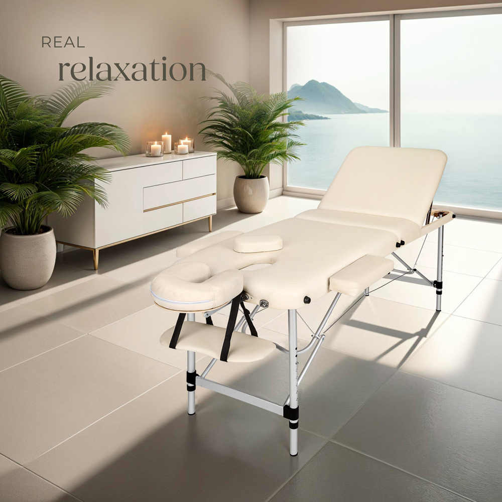 tectake Beige Aluminium Frame Foldable Massage Table with Bolsters and Carry Bag Image 2