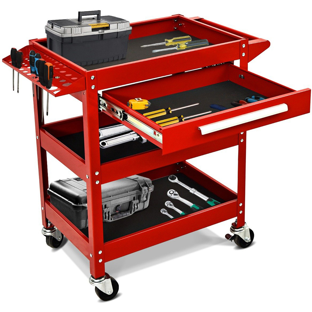 Costway 3 Shelf Single Drawer Red Tool Trolley Image 3