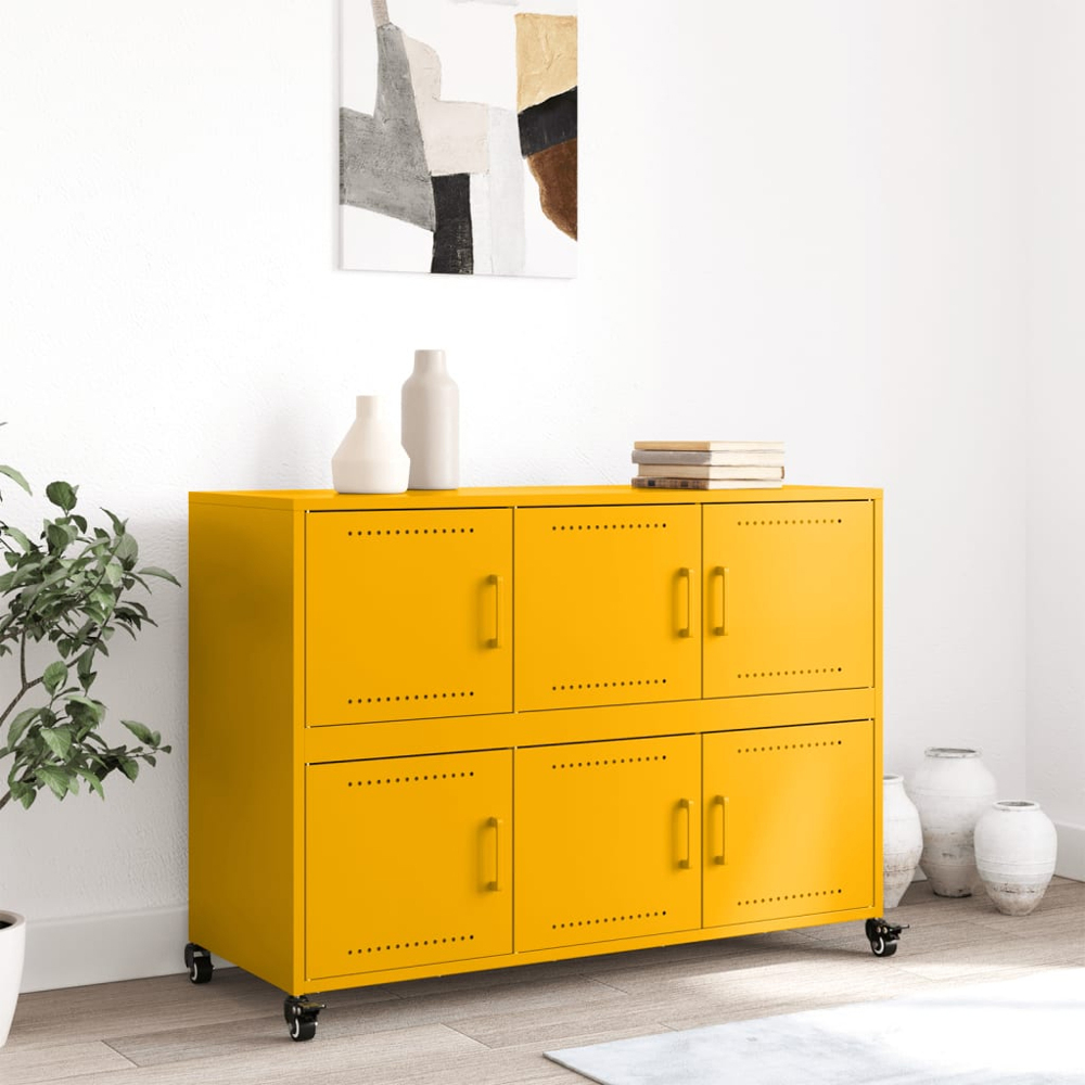 vidaXL 6 Door Mustard Yellow Metal Sideboard with Wheels Image 9