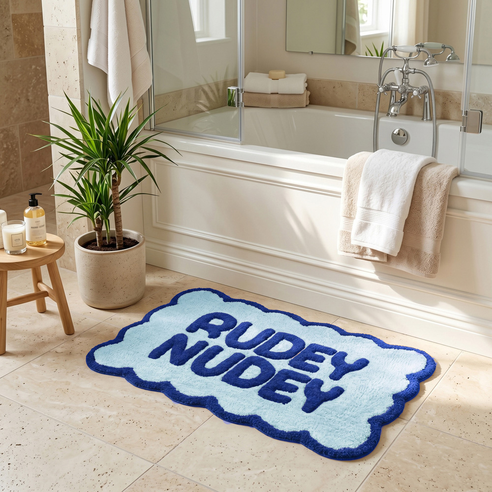 Allure Bath Fashions Blue Rudey Nudey Slogan Scalloped Non-Slip Bath Mat 50 x 80cm Image 2
