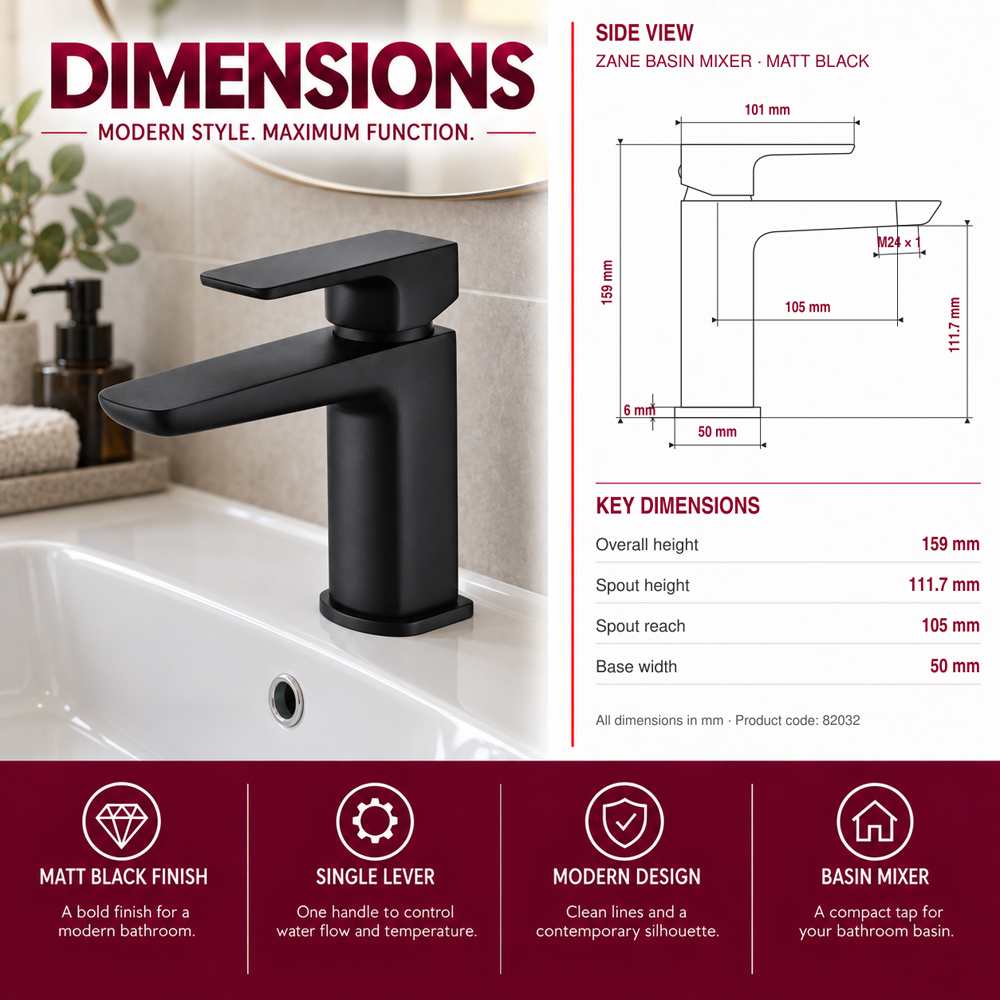 Go Bathrooms Dara Matt Black Mono Basin Mixer Tap with Click Clack Waste Image 4