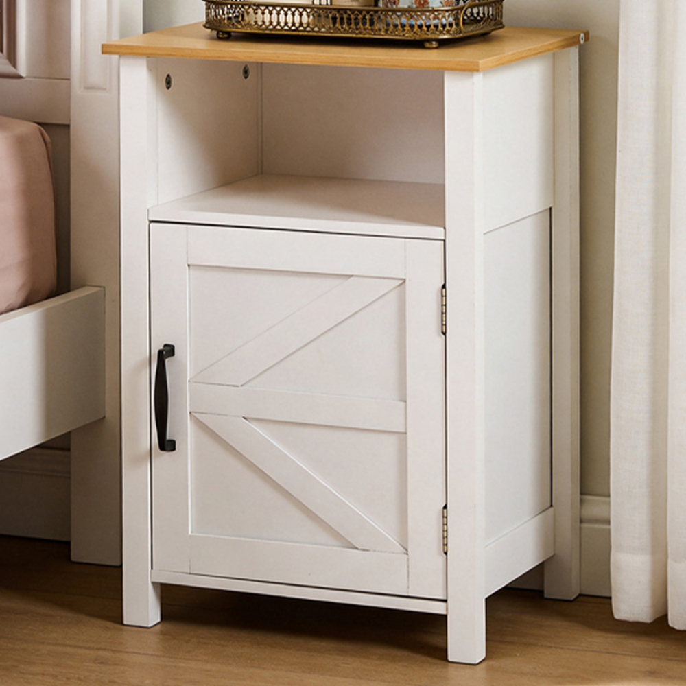 Living and Home Single Door Single Shelf White Bedside Table with Wood Grain Top Image 1