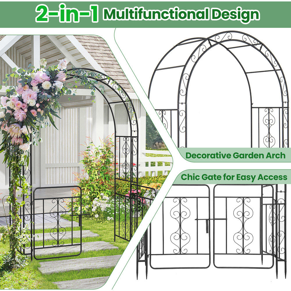 Costway Black Garden Arbor with Gate and Multiple Side Crossbars Image 4