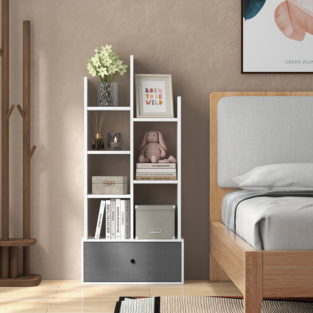 Costway Single Drawer 7 Shelf White Wooden Bookshelf Image 8