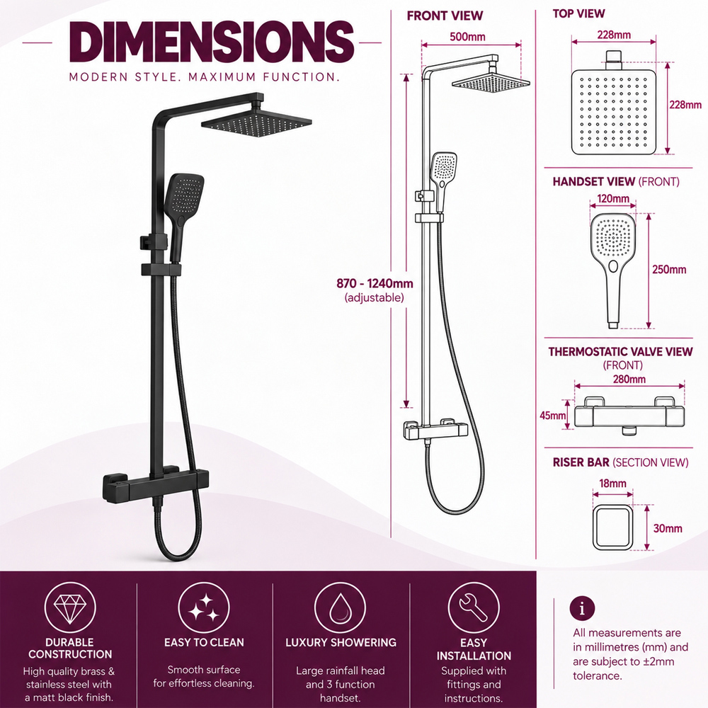 Go Bathrooms Matt Black Square Thermostatic Shower Kit Image 6