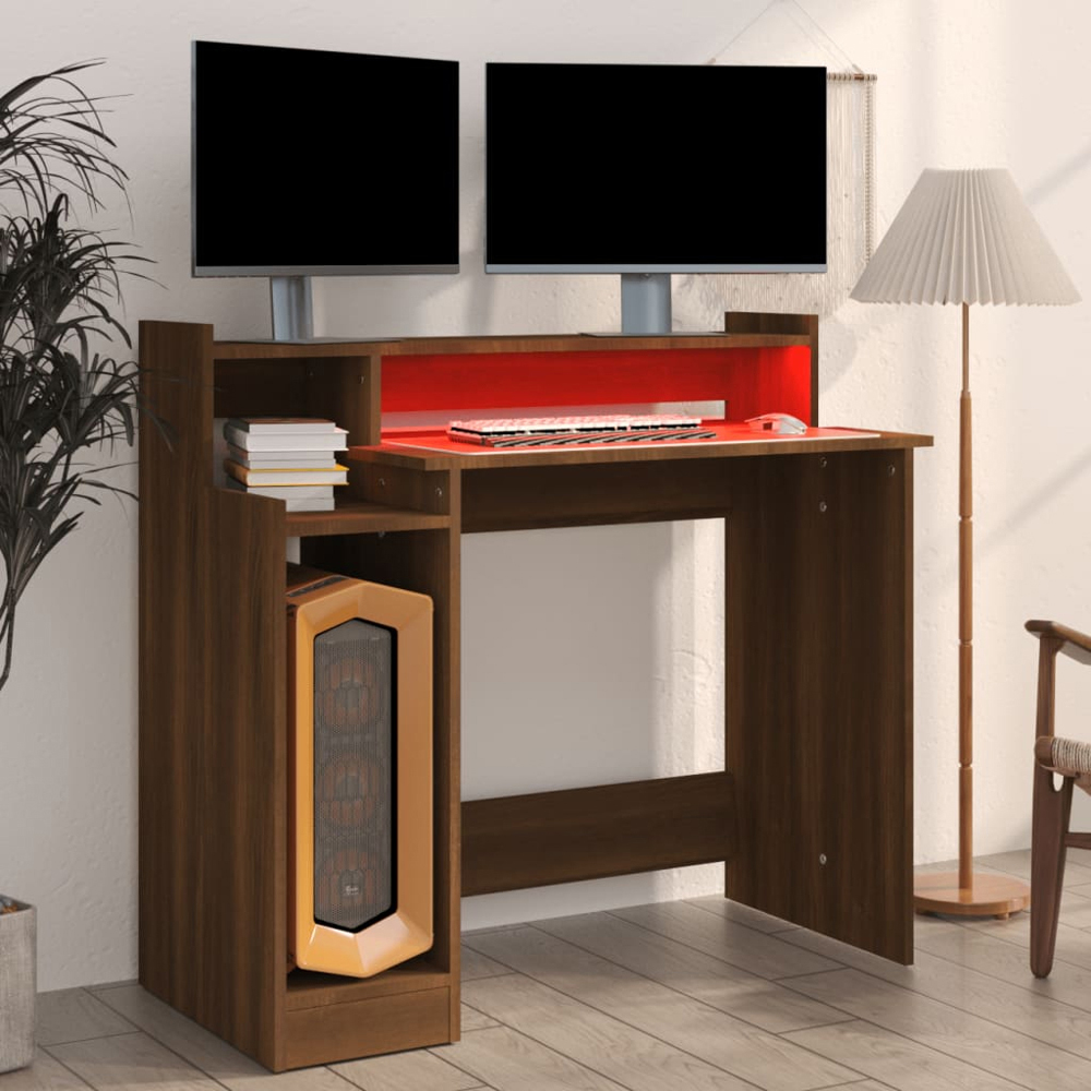 vidaXL 3 Shelf LED Computer Desk Brown Oak Image 7