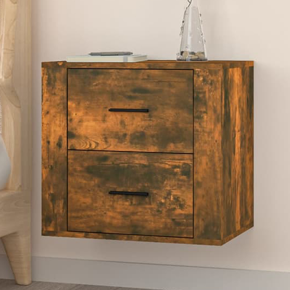 vidaXL 2 Drawer Smoked Oak Wall Mounted Bedside Cabinet Image 1
