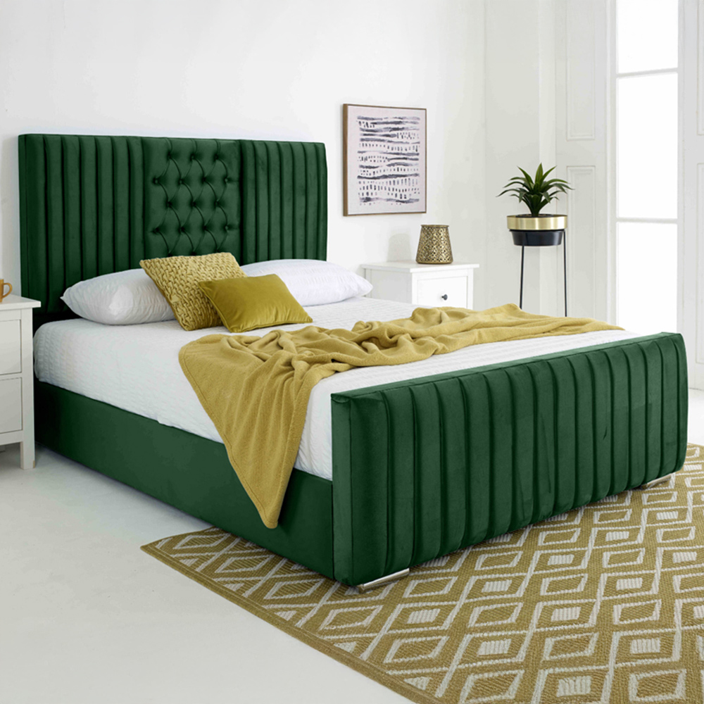 Eleganza Gracie King Size Green Plush Velvet Bed Frame with Lined Headboard Image 1
