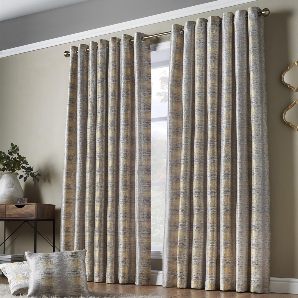 Alan Symonds Flections Ochre Jacquard Shimmering Lined Ring Top Eyelet Curtains 117 x 137cm Image 1