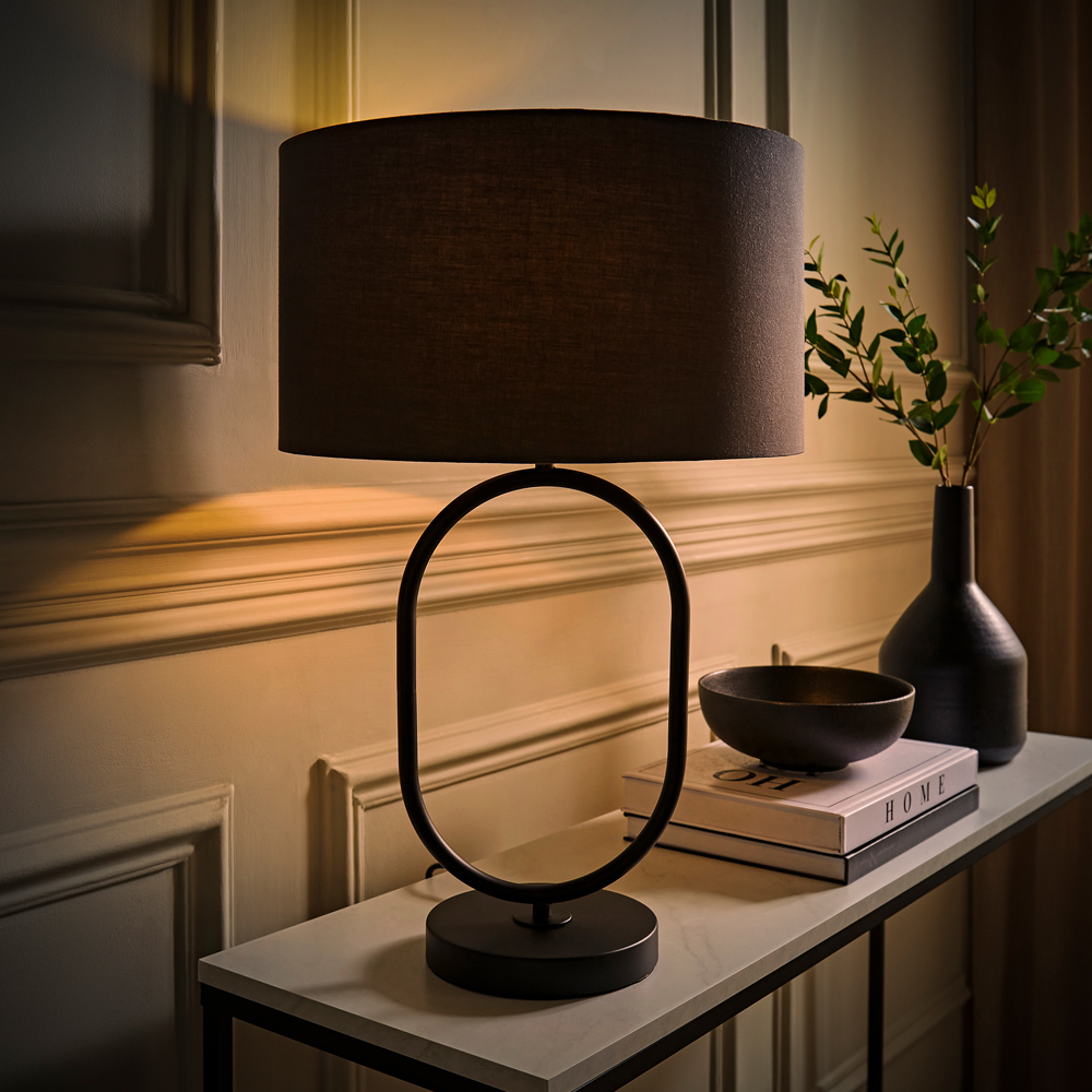 ValueLights Antonia Charcoal Fabric Drum Shade Matte Black Oval LED Table Lamp Image 6