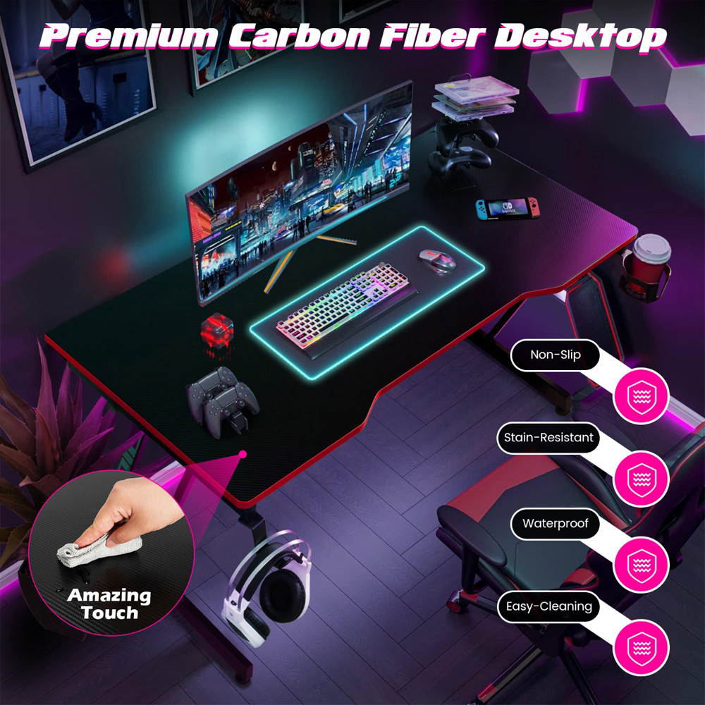 Costway Z-Shaped Computer Desk with Headphone Hook and Cup Holder Red Image 4