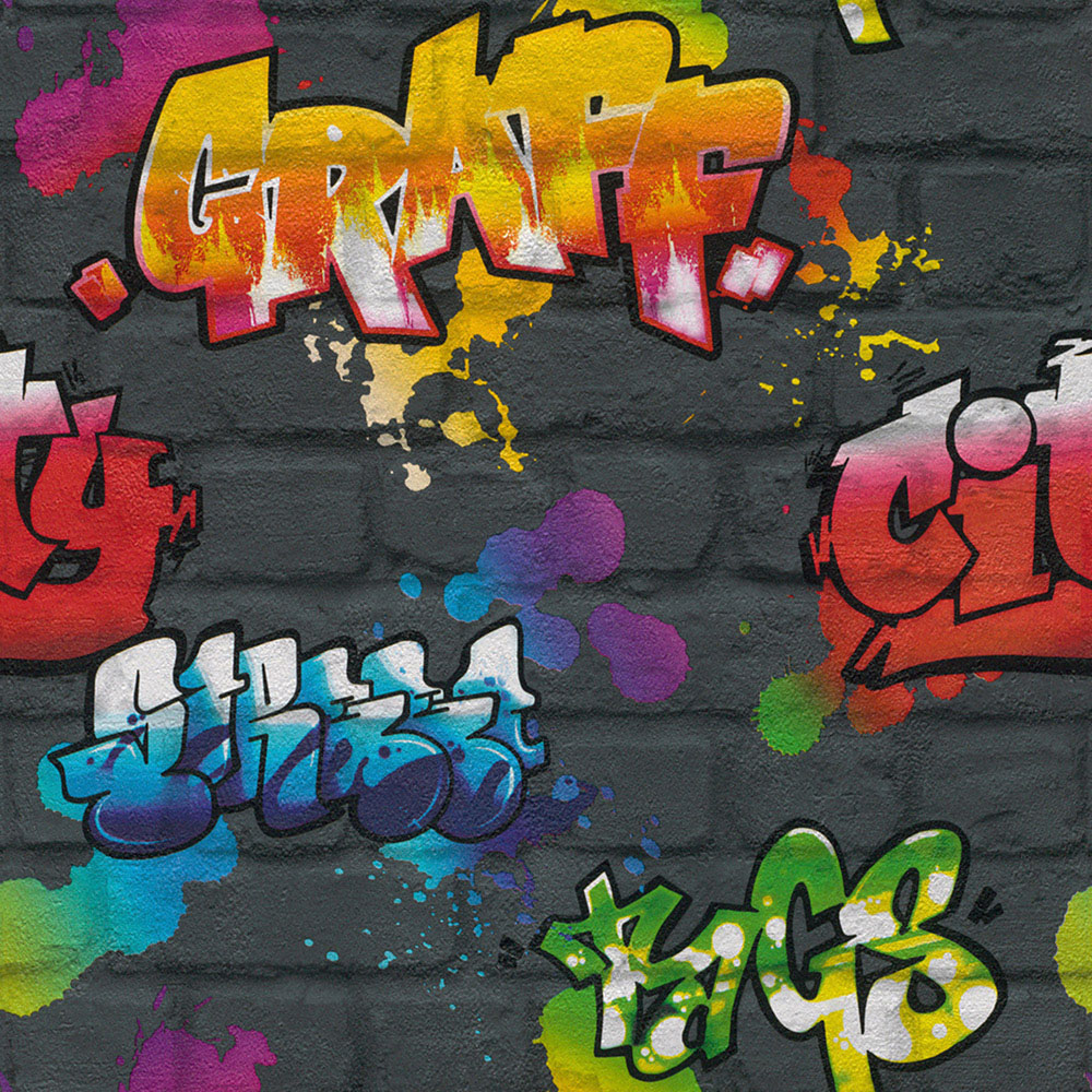 Holden Decor Graffiti Brick Black Wallpaper Image 1