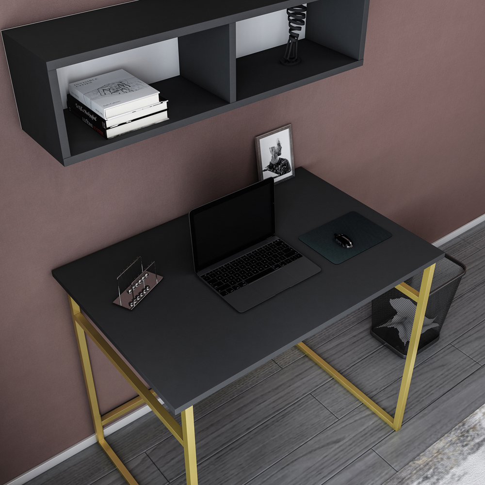 Decorotika Hussum Computer Desk with 2 Section Wall Shelf Gold and Anthracite Image 4