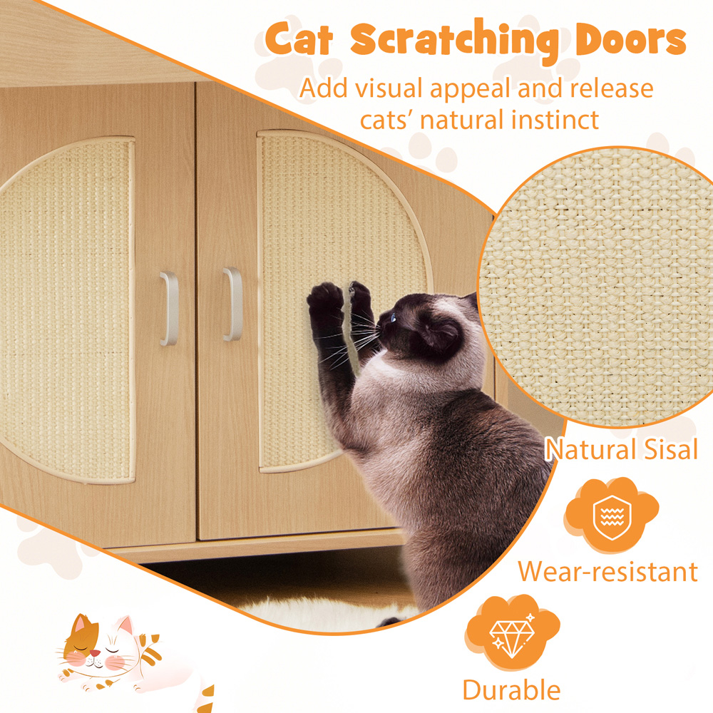 Costway Natural Cat Litter Box Enclosure with Sisal Scratching Doors Image 7