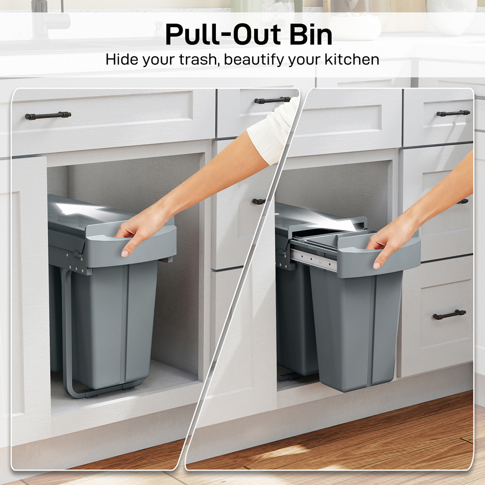 HOMCOM 2 Compartment Grey Metal Under-Sink Kitchen Recycling Bin 30L Image 3