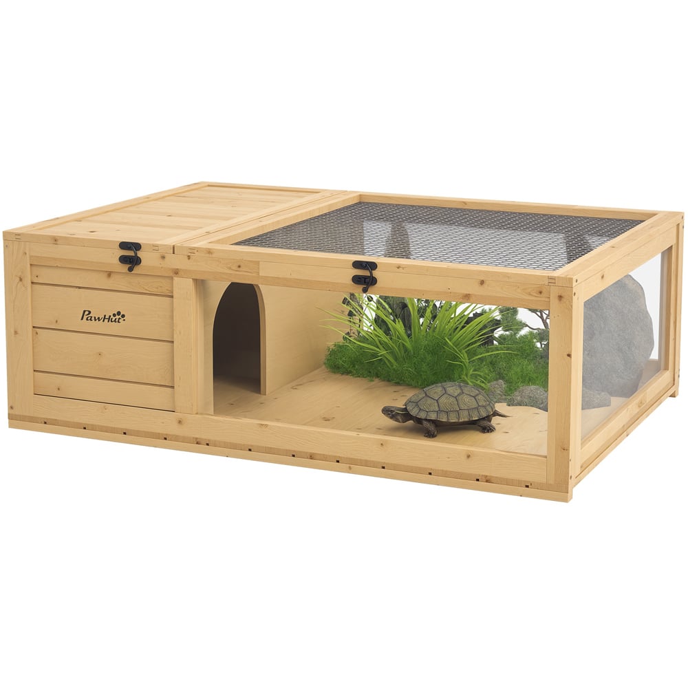 PawHut Yellow Wooden Tortoise House with Mesh Roof 1 x 2ft Image 3