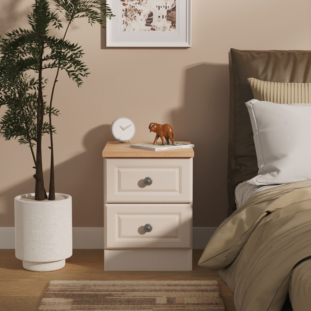 Crowndale Norfolk 2 Drawer Kashmir Ash and Bardolino Oak Compact Bedside Cabinet Ready Assembled Image 7