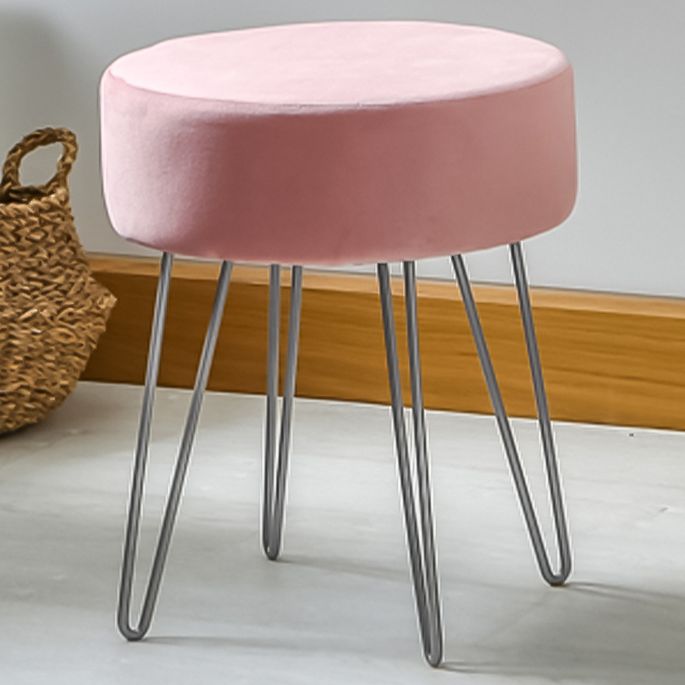 Harbour Housewares Pink and Silver Velvet Round Footstool with Storage Image 1
