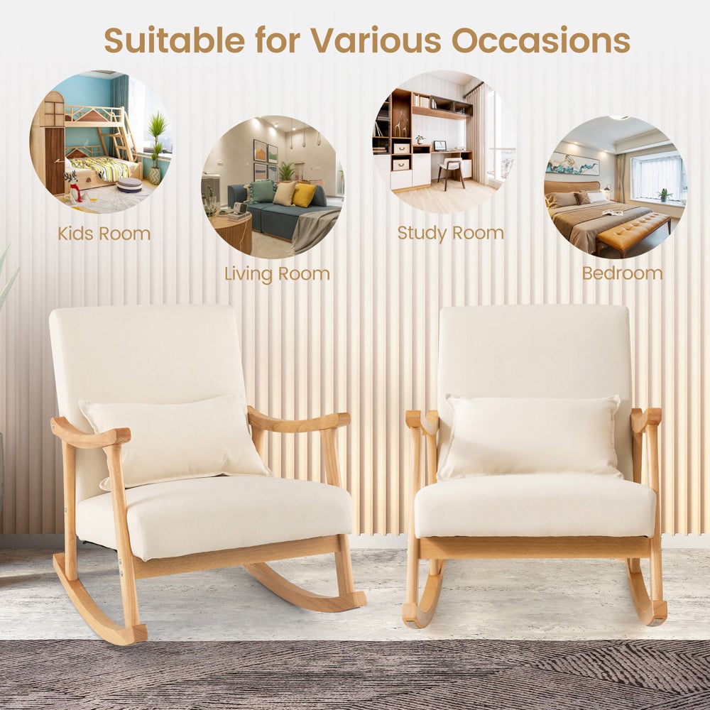 Costway Beige Upholstered Rubber Wood Frame Rocking Chair Image 5